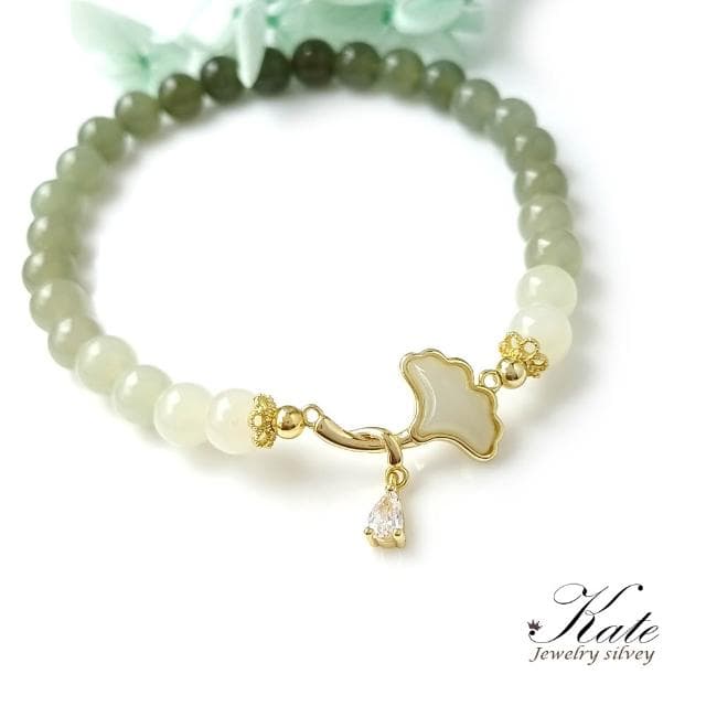 【KATE】銀飾 銀杏葉天然和闐玉純銀手珠 玉手環 玉潤冰晶 漸層和闐玉 和田玉 平安玉 玉手珠 生日禮物 情人禮物