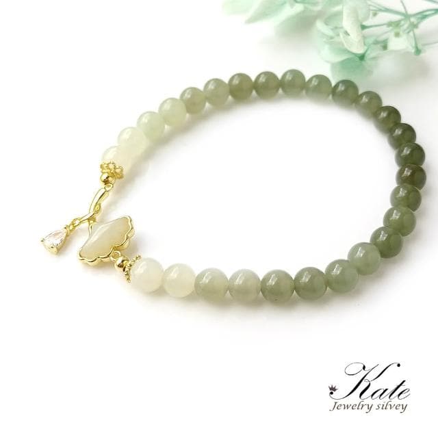 【KATE】銀飾 銀杏葉天然和闐玉純銀手珠 玉手環 玉潤冰晶 漸層和闐玉 和田玉 平安玉 玉手珠 生日禮物 情人禮物