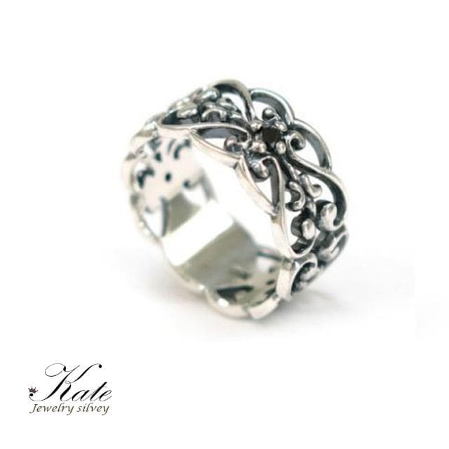 【KATE】銀飾 日系設計鳶尾花鏤空愛心純銀戒指 鳶尾花 鑲黑鑽 古典個性 做工精緻 生日禮物 情人禮物