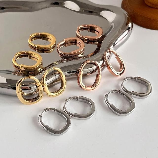 【MoonDy】環狀耳環 鋯石耳環 鎖頭耳扣 素色耳圈 橢圓耳飾 女生飾品 配飾 金屬耳環