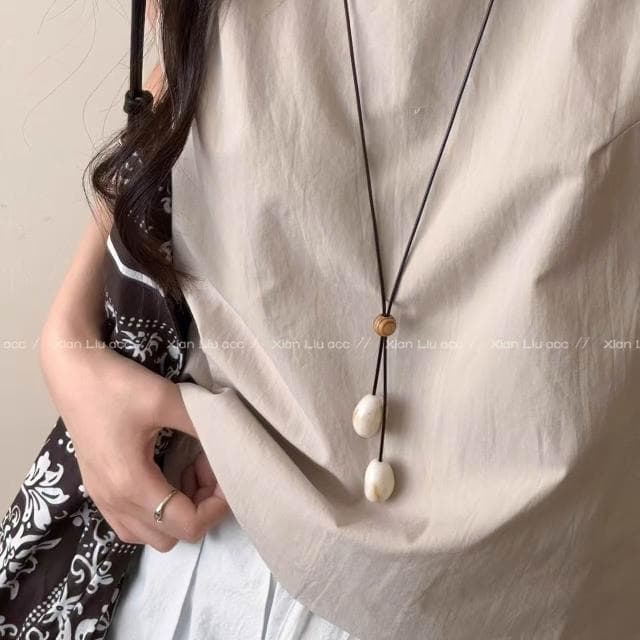 項鏈 綠色木質圓珠長款項鏈吊墜繩女款森系設計毛衣鏈小眾掛脖配飾 項鍊女珍珠項鍊時尚百搭吊墜項鍊長項鍊飾品毛衣鍊生日禮物