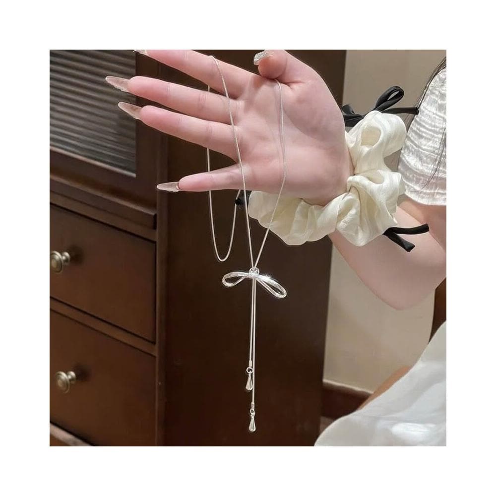 項鏈銀色長款抽拉蝴蝶結流蘇項鏈女2025新款潮氣質百搭設計感鎖骨鏈項鍊女珍珠項鍊時尚百搭吊墜項鍊長項鍊飾品毛衣鍊生日禮物