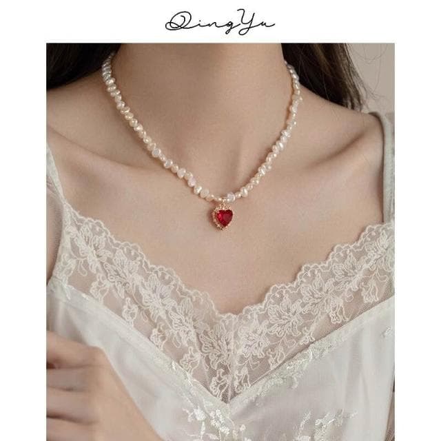 項鏈法式宮廷少女紅水鉆包邊愛心吊墜珍珠項鏈小眾設計鎖骨鏈 項鍊女珍珠項鍊時尚百搭吊墜項鍊長項鍊飾品毛衣鍊生日禮物