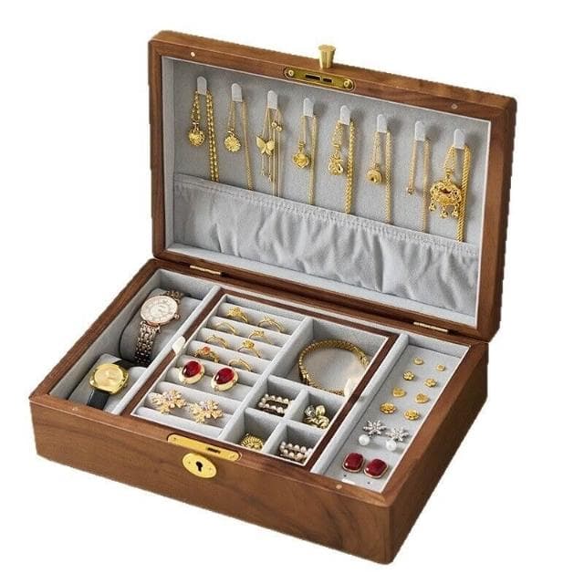 新品下殺 2025胡桃木首飾盒實木盒雙層新婚生日禮物木質小首飾收納盒