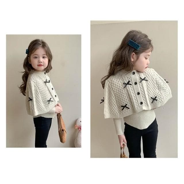 【Arbea】秋季女童韓版蝴蝶結斗篷毛衣兒童洋氣針織衫外套上衣童裝套裝【C1277】