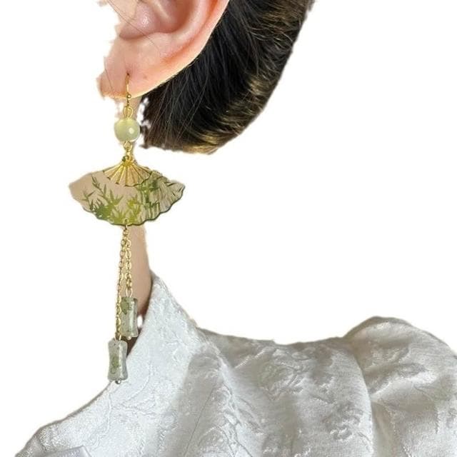 耳環新中式折扇青竹耳環國風透明女小眾古風漢服竹節耳墜新款耳飾輕盈精緻輕奢高級韓國不過敏看不膩耳環耳飾飾品配禮服百搭禮物