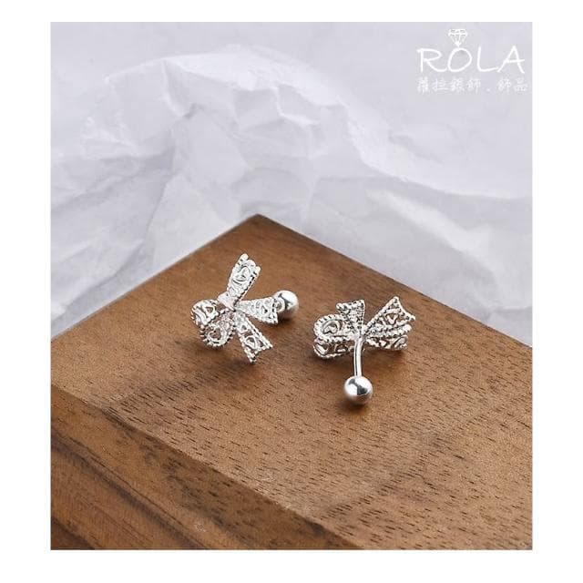ROLA蘿拉銀飾.飾品 “現貨當天出” /一對價// 鏤空刻紋蝴蝶結999足銀旋轉螺旋圓珠轉珠鎖珠耳針耳環 蝴蝶結.