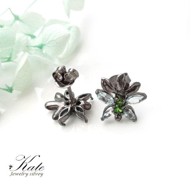 【KATE】銀飾 古典花朵天然拓帕石沙佛萊純銀耳環 手工耳環 針式耳環 拓帕石耳環 手工珠寶款 11月生日石 生日禮物 情人禮物