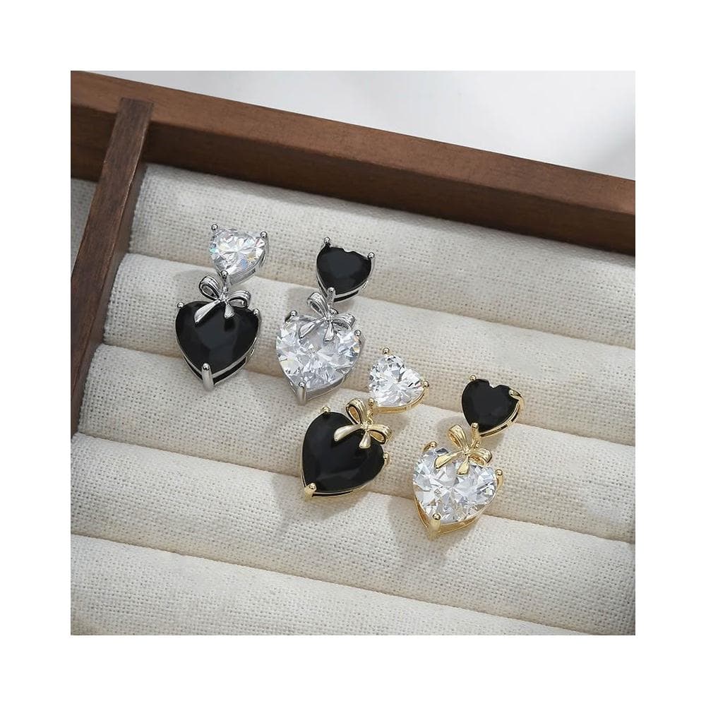 Miss Si【現貨速發】微鑲鑽石愛心耳釘 高級感蝴蝶結耳飾 輕奢愛心 吊墜耳環 愛心鑽石耳環