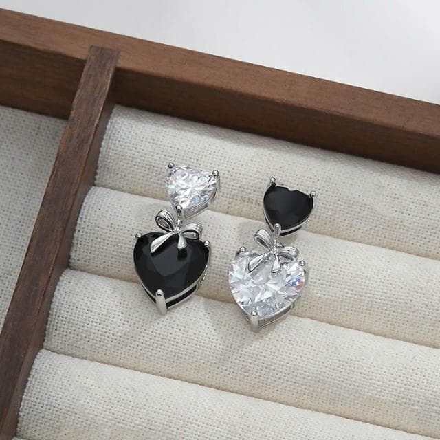 Miss Si【現貨速發】微鑲鑽石愛心耳釘 高級感蝴蝶結耳飾 輕奢愛心 吊墜耳環 愛心鑽石耳環