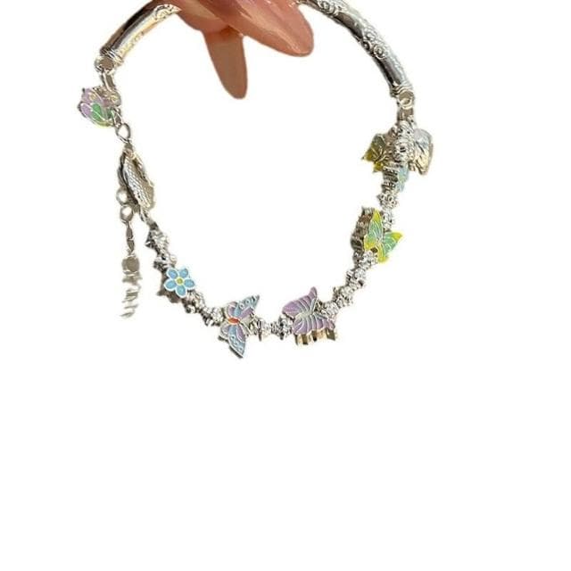 手鍊新中式琺瑯滴油蝴蝶手镯夏季新款甜美彩色花朵半镯手鏈女手鏈時尚百搭手鏈手環手鐲可調整大小精緻甜美手鍊情侶手繩送禮禮物