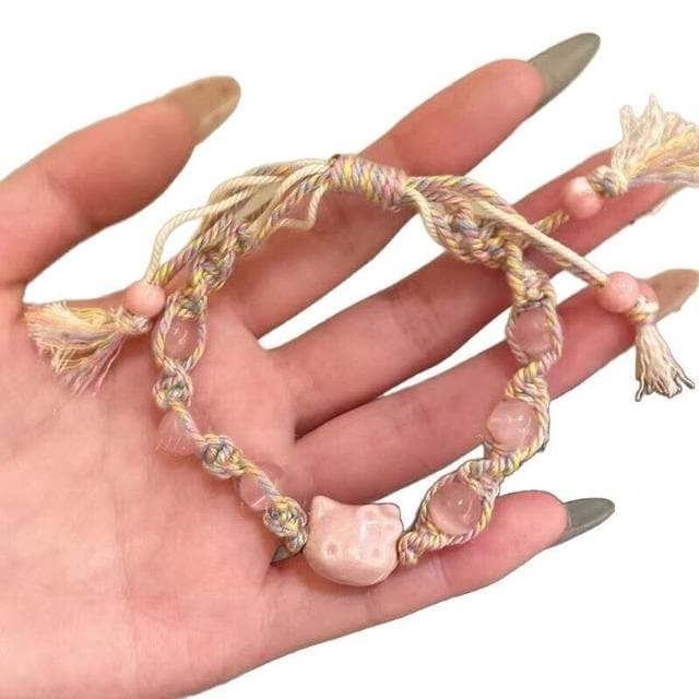 手鍊卡通編織貓彩繩手鏈新款小眾學生閨蜜手繩情侶貓咪 手鏈時尚百搭手鏈手環手鐲可調整大小精緻甜美手鍊情侶手繩送禮禮物