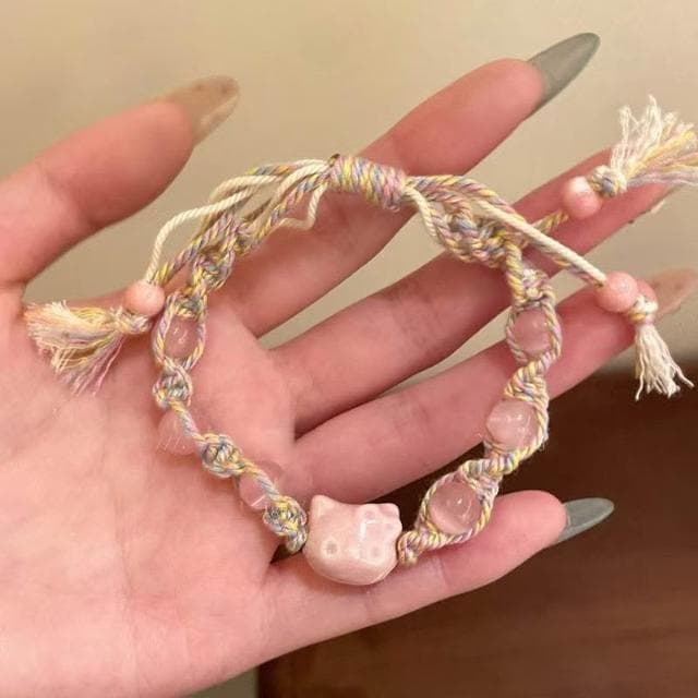 手鍊卡通編織貓彩繩手鏈新款小眾學生閨蜜手繩情侶貓咪 手鏈時尚百搭手鏈手環手鐲可調整大小精緻甜美手鍊情侶手繩送禮禮物