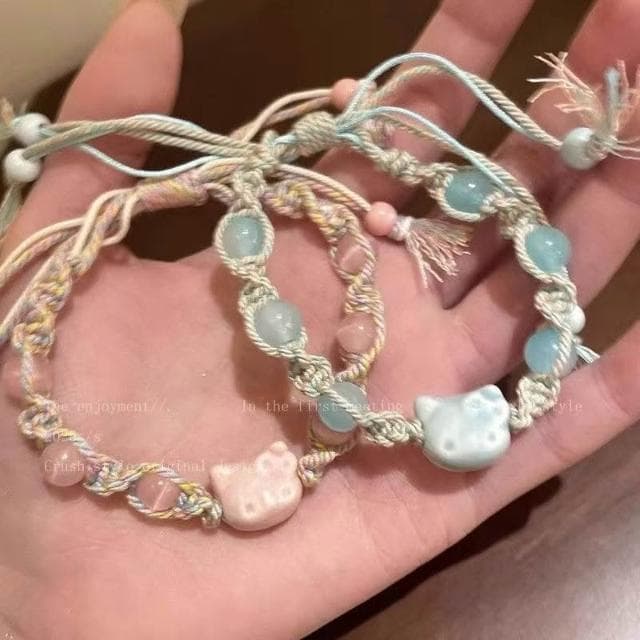 手鍊卡通編織貓彩繩手鏈新款小眾學生閨蜜手繩情侶貓咪 手鏈時尚百搭手鏈手環手鐲可調整大小精緻甜美手鍊情侶手繩送禮禮物