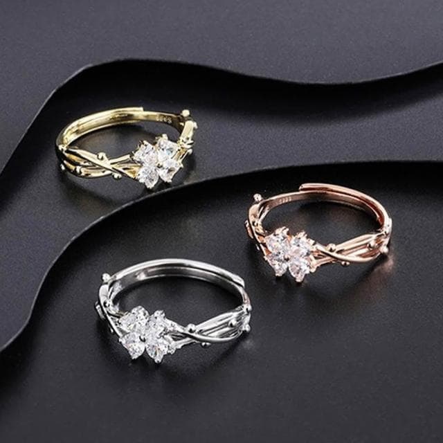 【MoonDy】999 純銀 荊棘戒指 四葉草 開口 戒指女 指環 高級感 可調節戒指 食指戒 鋯石 小眾設計 情侶戒指