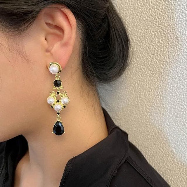 耳環女S銀針法式輕奢巴洛克時髦珍珠耳釘黑鉆水滴耳環女耳飾耳環耳釘耳飾女生耳環法式耳環流行百搭耳釘生日禮物貼耳耳環