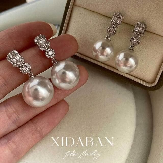 耳環戴妃款施家珍珠s銀耳釘女輕奢高級感人造澳白珍珠耳飾耳環耳釘耳飾女生耳環法式耳環流行百搭耳釘生日禮物貼耳耳環