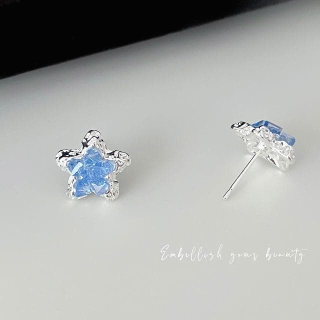 買一送一耳環五角星藍色晶石耳釘女夏季氣質百搭清新簡約耳環小眾設計耳環耳釘耳飾女生耳環法式耳環流行百搭耳釘生日禮物貼耳耳環