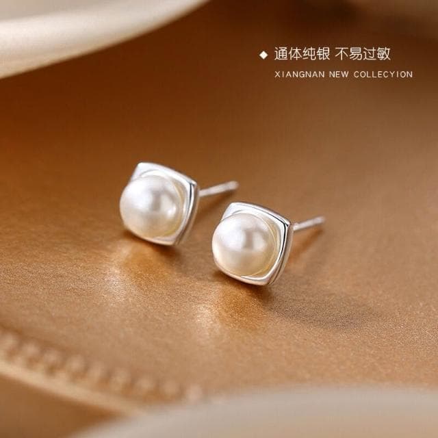 耳環純銀珍珠耳釘新款方形耳環小眾輕奢高級感女耳飾 耳環耳釘耳飾女生耳環法式耳環流行百搭耳釘生日禮物貼耳耳環