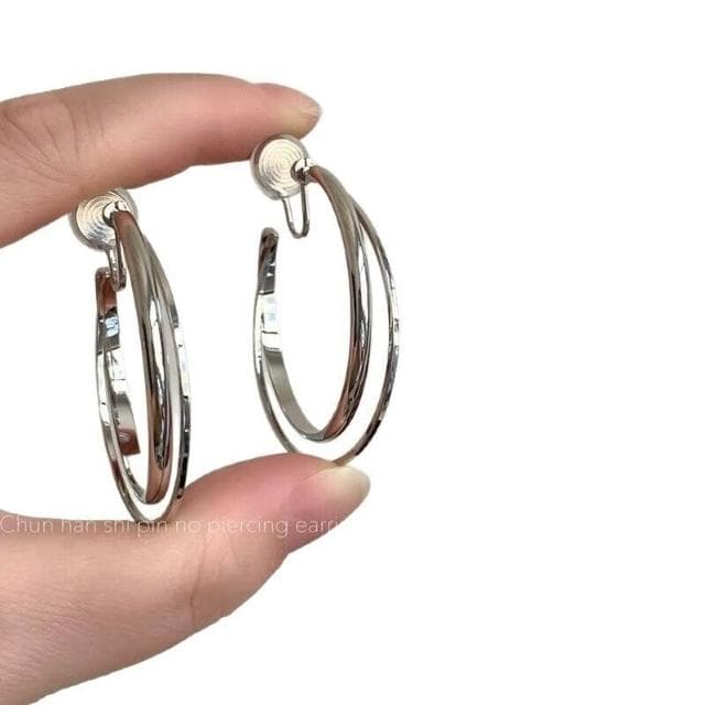 耳環金屬雙層圓圈耳環女輕奢高級感氣質耳圈蚊香盤耳夾無耳洞素圈耳飾耳環耳釘耳飾女生耳環法式耳環流行百搭耳釘生日禮物貼耳耳環