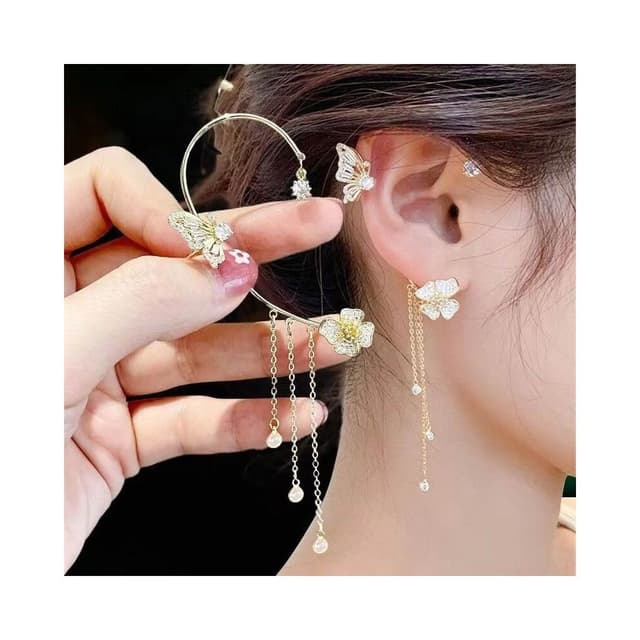 耳環長流蘇無耳洞耳掛超閃小眾精靈蝴蝶耳夾輕奢鑲鉆耳飾 耳環耳釘耳飾女生耳環法式耳環流行百搭耳釘生日禮物貼耳耳環