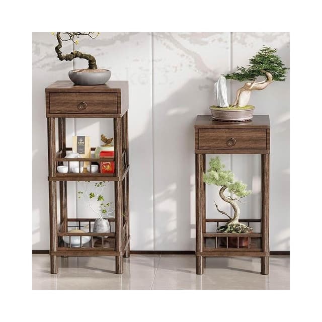 新中式花架 禪意置物架 落地花臺架 室內擺放花架 客廳花幾 盆栽展示台 帶抽花架桌 楠竹仿古植物台