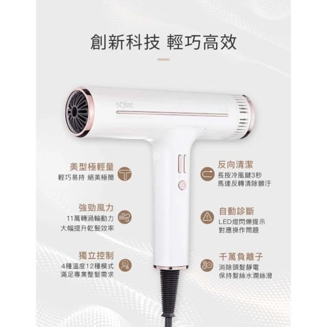 【SOLAC】專業負離子吹風機 SD-1000 頂級沙龍 速乾護髮 極輕美型 大風量 附烘罩造型組 SD1000_Kimi極美職人推薦