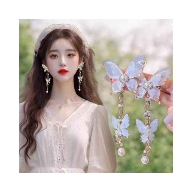 {遇見臻品}BG416新娘超仙氣復古風耳環仙女白蝶白色蝴蝶耳環流蘇耳環超仙網紗蝴蝶耳環ins超仙個性耳飾蝴蝶鑲鑽珍珠耳環