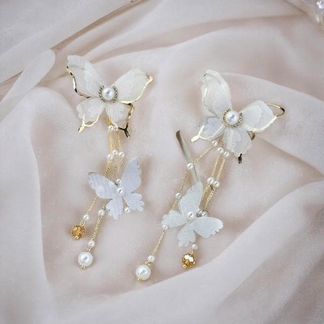 {遇見臻品}BG416新娘超仙氣復古風耳環仙女白蝶白色蝴蝶耳環流蘇耳環超仙網紗蝴蝶耳環ins超仙個性耳飾蝴蝶鑲鑽珍珠耳環