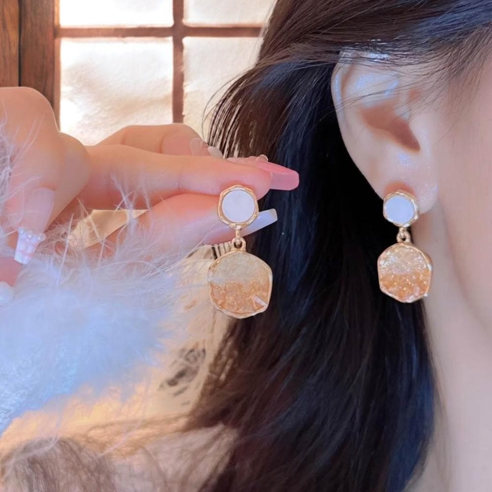 {遇見臻品}BG374夾式耳針橘色漸變水滴水晶耳墜漸變水晶耳環幾何方形碎鑽耳環小眾設計感氣質復古耳飾百搭小香風耳環