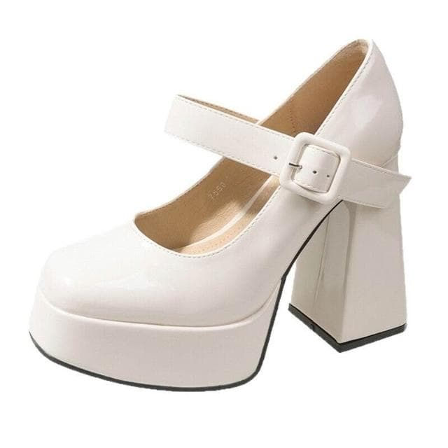 高跟鞋女粗跟鞋子女法式瑪麗珍高跟鞋女白色2025新款防水臺厚底粗跟一字扣帶氣質單鞋高級感不累腳約會高跟鞋女生日搭配禮服鞋