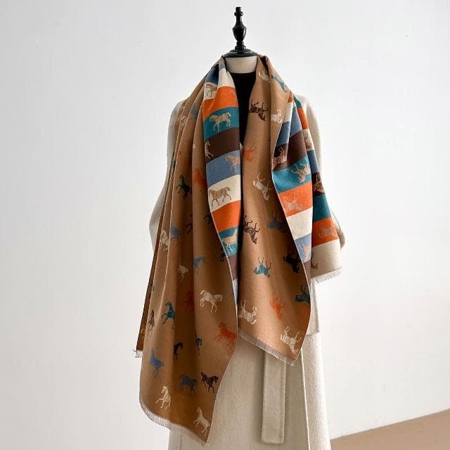 圍巾女秋冬保暖仿羊絨圍巾女雙面可愛卡通馬拼色加厚圍脖空頭披肩保暖披肩圍巾質感圍巾冷氣披肩空調百搭保暖圍脖防風圍脖韓版圍巾