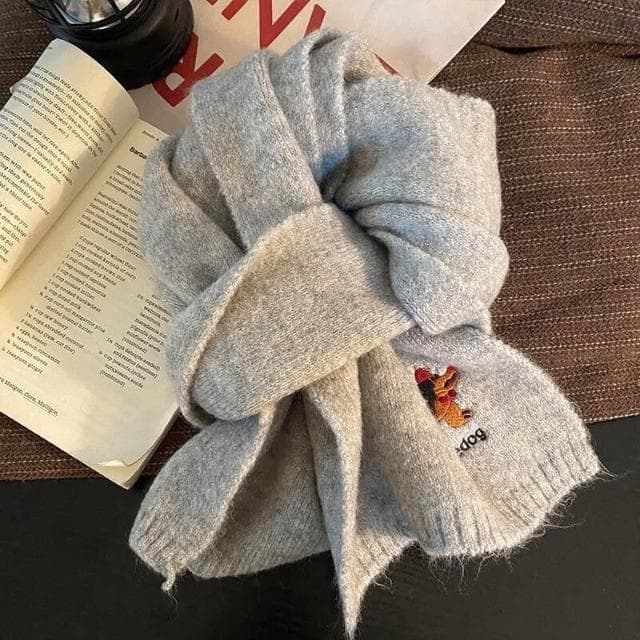 圍巾女韓系可愛小狗刺繡圍巾女冬季時尚毛混紡披肩加厚保暖防寒針織圍脖保暖披肩圍巾質感圍巾冷氣披肩保暖圍脖防風圍脖韓版圍巾