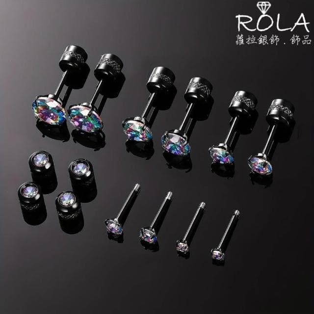 ROLA蘿拉銀飾.飾品 {獨家訂製款} /一支價// 黑色/彩色雙頭鋯石水鑽鈦鋼316L醫療鋼螺旋鎖珠轉珠耳針 3-2左