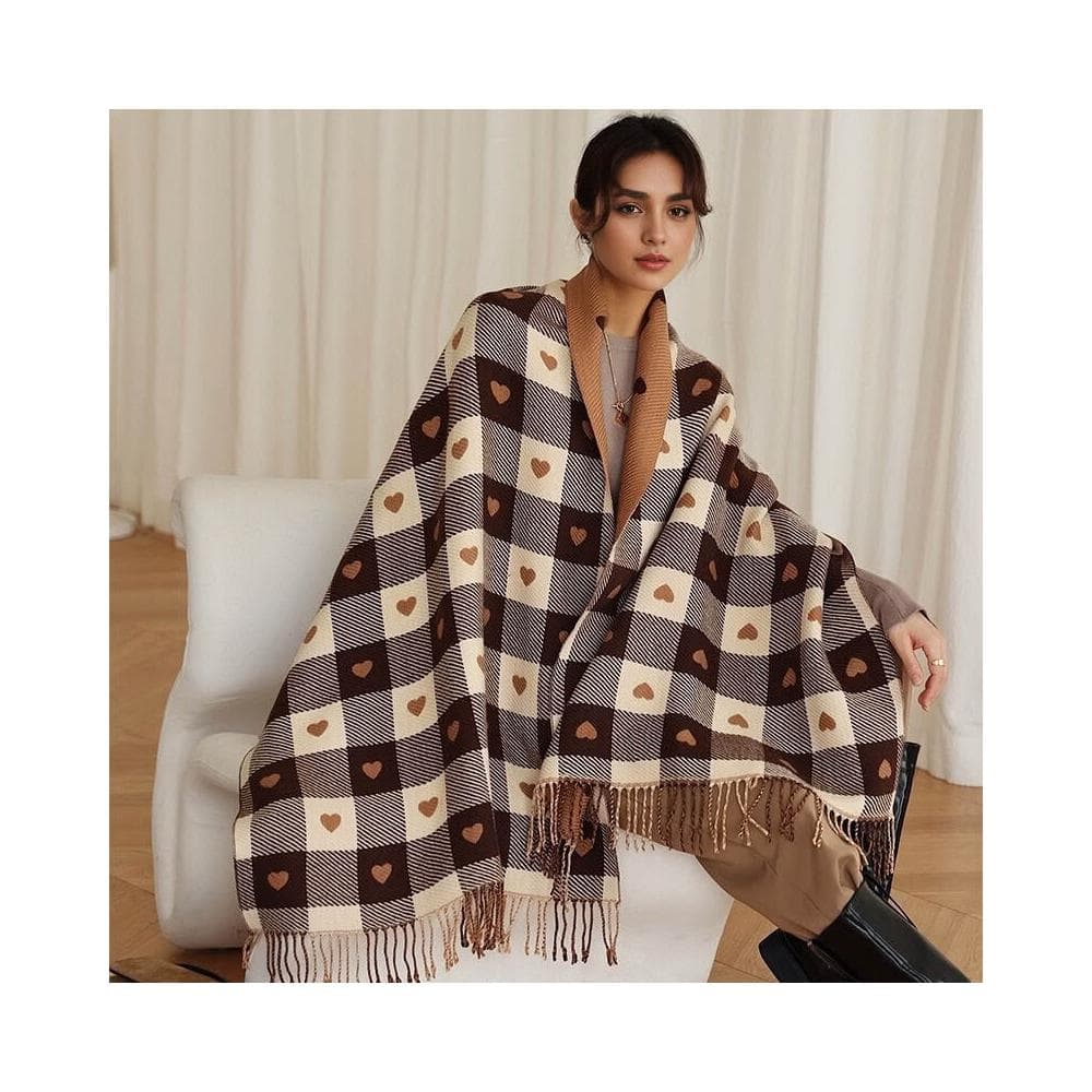 圍巾女保暖圍巾女款秋冬款雙面愛心格子流蘇披肩保暖百搭圍脖仿羊絨圍巾披肩圍巾質感圍巾冷氣披肩百搭保暖圍脖防風圍脖韓版圍巾