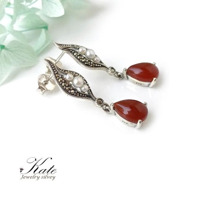 【KATE】銀飾 維多利亞古典輕奢天然紅瑪瑙珍珠純銀耳環 珠寶專櫃精品 純銀耳環 珍珠耳環 垂墜耳環 生日禮物 情人禮物