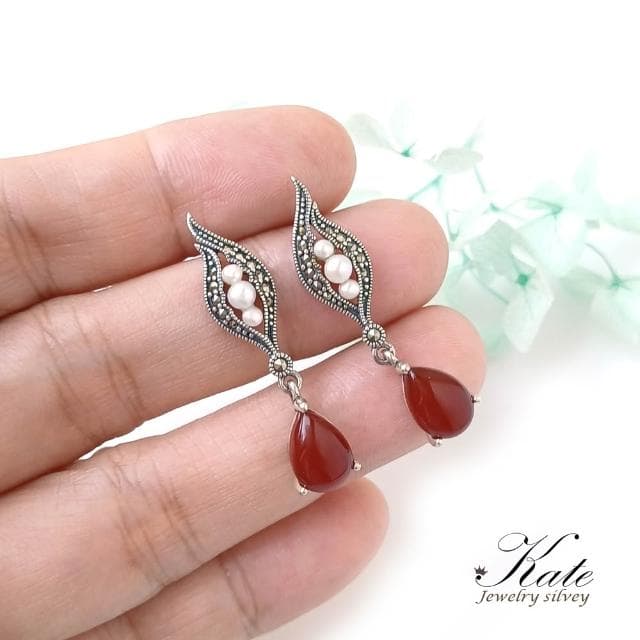 【KATE】銀飾 維多利亞古典輕奢天然紅瑪瑙珍珠純銀耳環 珠寶專櫃精品 純銀耳環 珍珠耳環 垂墜耳環 生日禮物 情人禮物