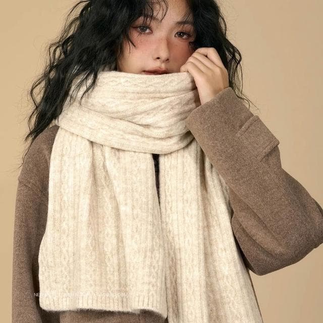 圍巾軟糯米白色純色圍巾女冬季麻花保暖加厚針織毛線學院風圍脖男男女同款保暖圍巾百搭圍脖質感保暖圍巾素面圍巾韓版圍脖披肩長款