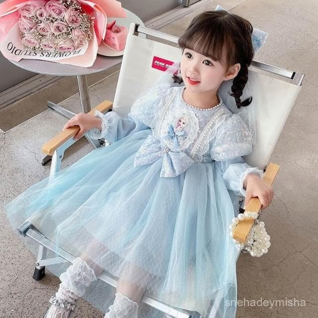 女寶寶艾莎公主裙長袖2025秋季冰雪奇緣網紗髮光裙子生日愛莎連衣