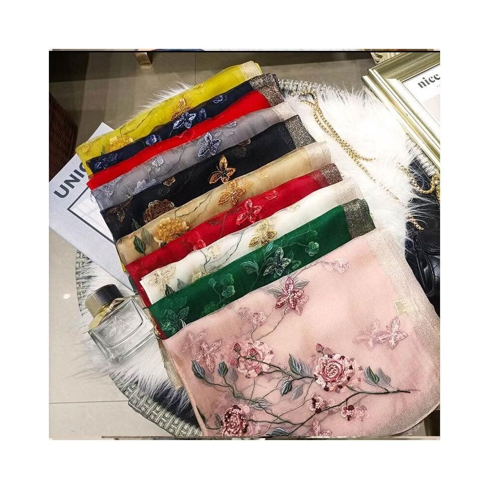 比比優精選 桑蠶絲羊毛圍巾 手工刺繡 披肩 真絲 紅色花朵珍珠絲巾