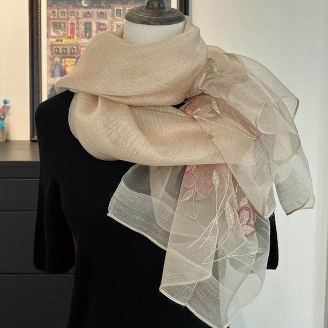 比比優精選 真絲 羊毛 重工繡花 圍巾 刺繡 氣質紗巾薄款時尚女春