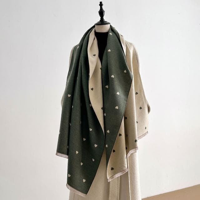 圍巾女秋冬季心型紋理拼色時尚的雙面用女士仿羊絨保暖圍巾空調圍脖披肩披肩圍巾質感圍巾冷氣披肩空調保暖圍脖防風圍脖韓版圍巾