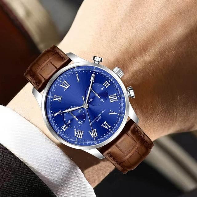 【LEESA】牛皮腕錶\生日禮物\手錶\配飾\飾品\指針手錶\腕錶\石英錶\圓形手錶\防水手錶\男生手錶\