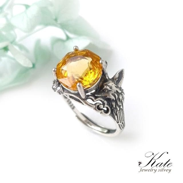 【KATE】銀飾 招財小狐狸天然黃水晶純銀戒指 黃水晶戒指 招財戒指 千禧車工 狐狸 活圍戒指 生日禮物 情人禮物