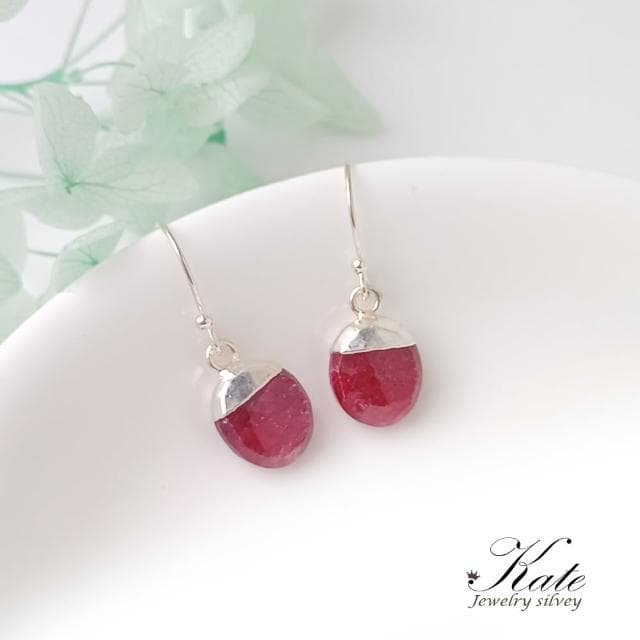 【KATE】銀飾 手工款天然紅寶石Ruby純銀耳環 紅寶石原礦 七月生日石 紅寶石耳環 紅色開運 紅剛玉 可改夾 生日禮物 情人禮物