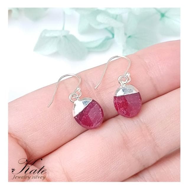 【KATE】銀飾 手工款天然紅寶石Ruby純銀耳環 紅寶石原礦 七月生日石 紅寶石耳環 紅色開運 紅剛玉 可改夾 生日禮物 情人禮物