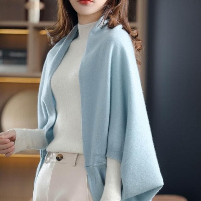 比比優 早秋100%純羊毛針織圍巾女披肩外搭兩用鬥篷開衫防曬配裙子外套