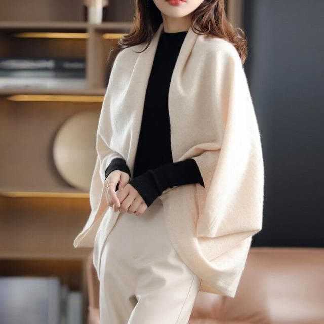 比比優 早秋100%純羊毛針織圍巾女披肩外搭兩用鬥篷開衫防曬配裙子外套