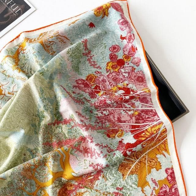 真絲羊毛圍巾女送媽媽高級感手工絲巾禮盒數碼雙面異色印花方巾