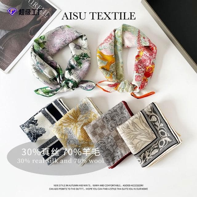 真絲羊毛圍巾女送媽媽高級感手工絲巾禮盒數碼雙面異色印花方巾